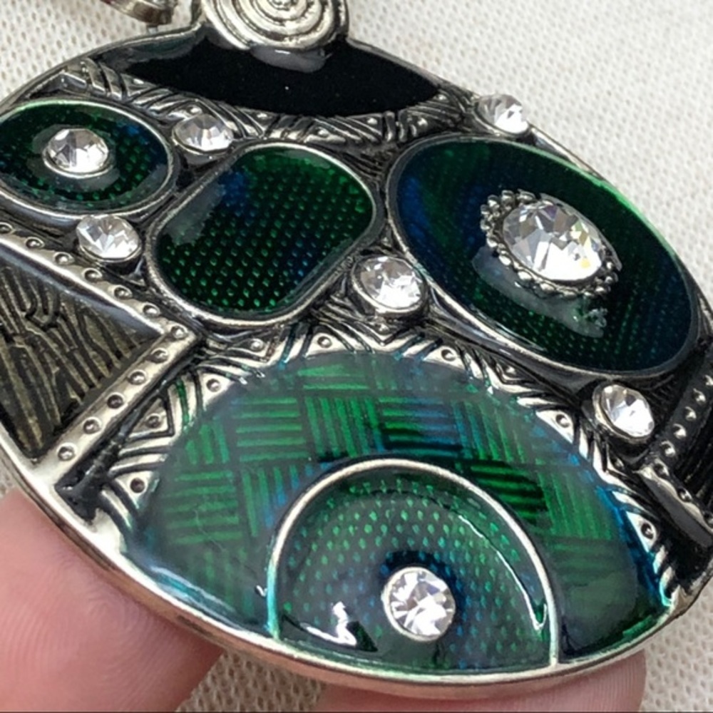 Blue Green Enamel Disk Necklace Earrings Set - Picture 3 of 3